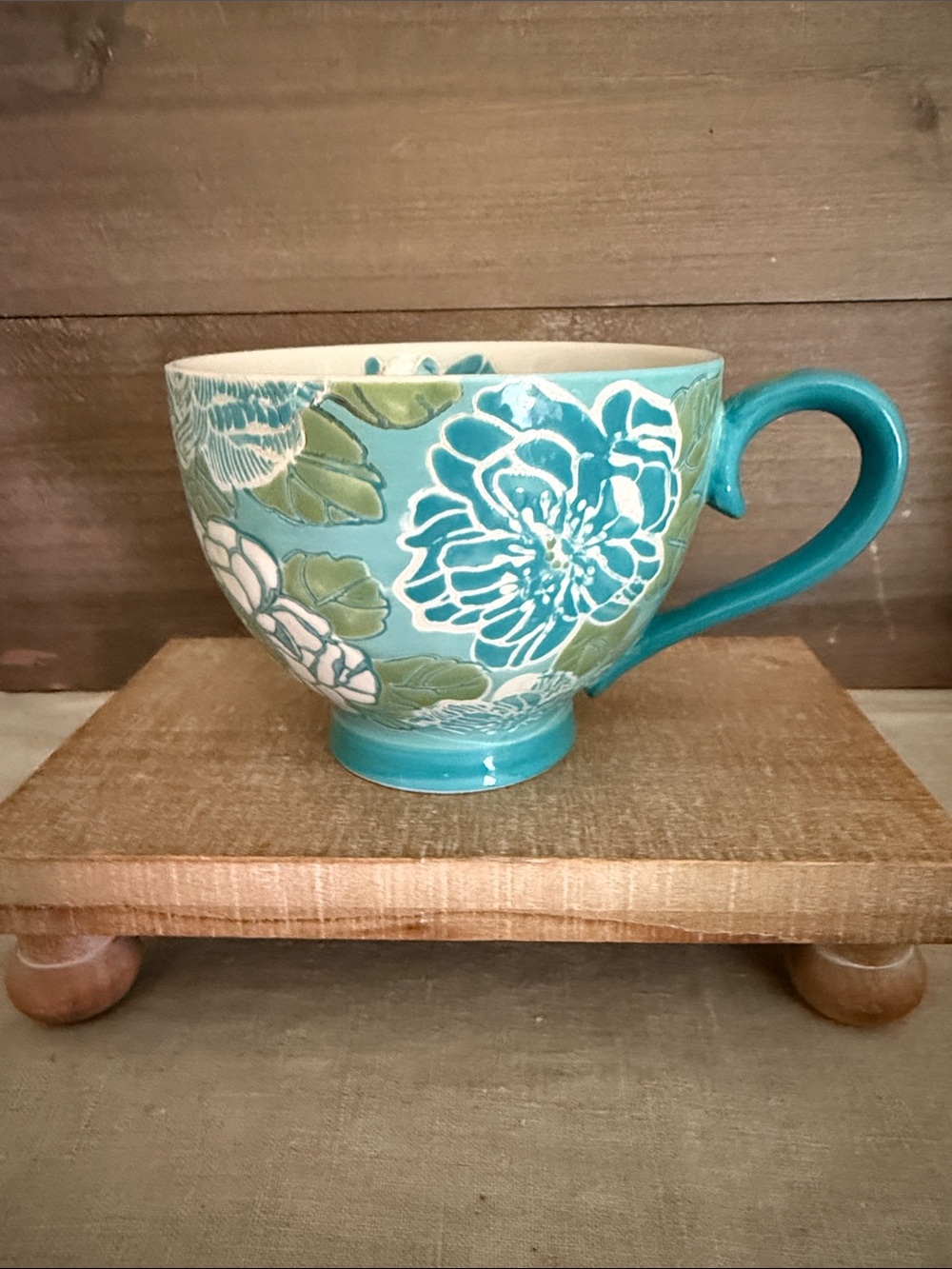 Dutch Wax Coastline Imports Teal Floral Ceramic Mug Raised White Green Flower